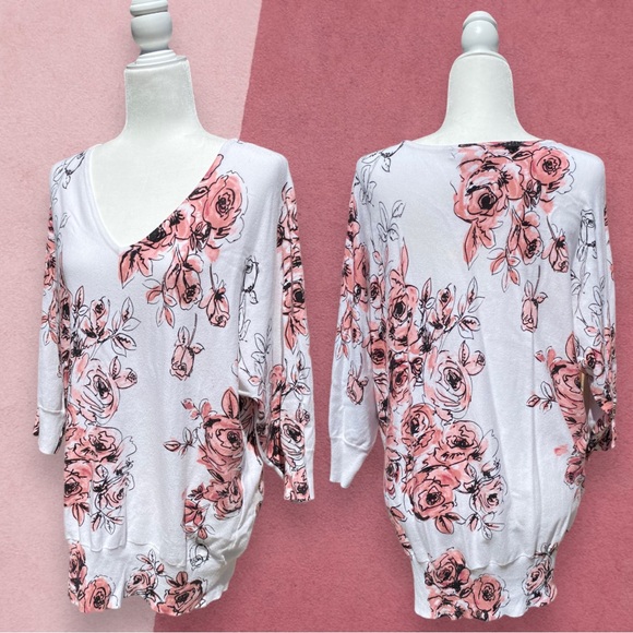 Roz & Ali Pink Floral Cold Shoulder 3/4 Sleeve V Neck Light Sweater Top 1X EUC - Picture 2 of 6